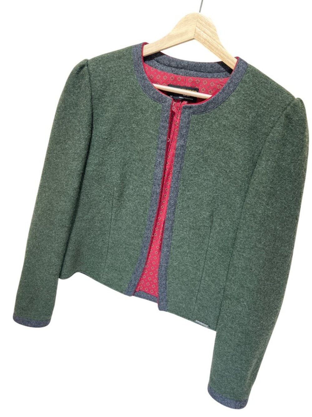 Geiger Tyrol Green Boiled Wool Jacket With Red Lining & Grey Trim Made In Austri